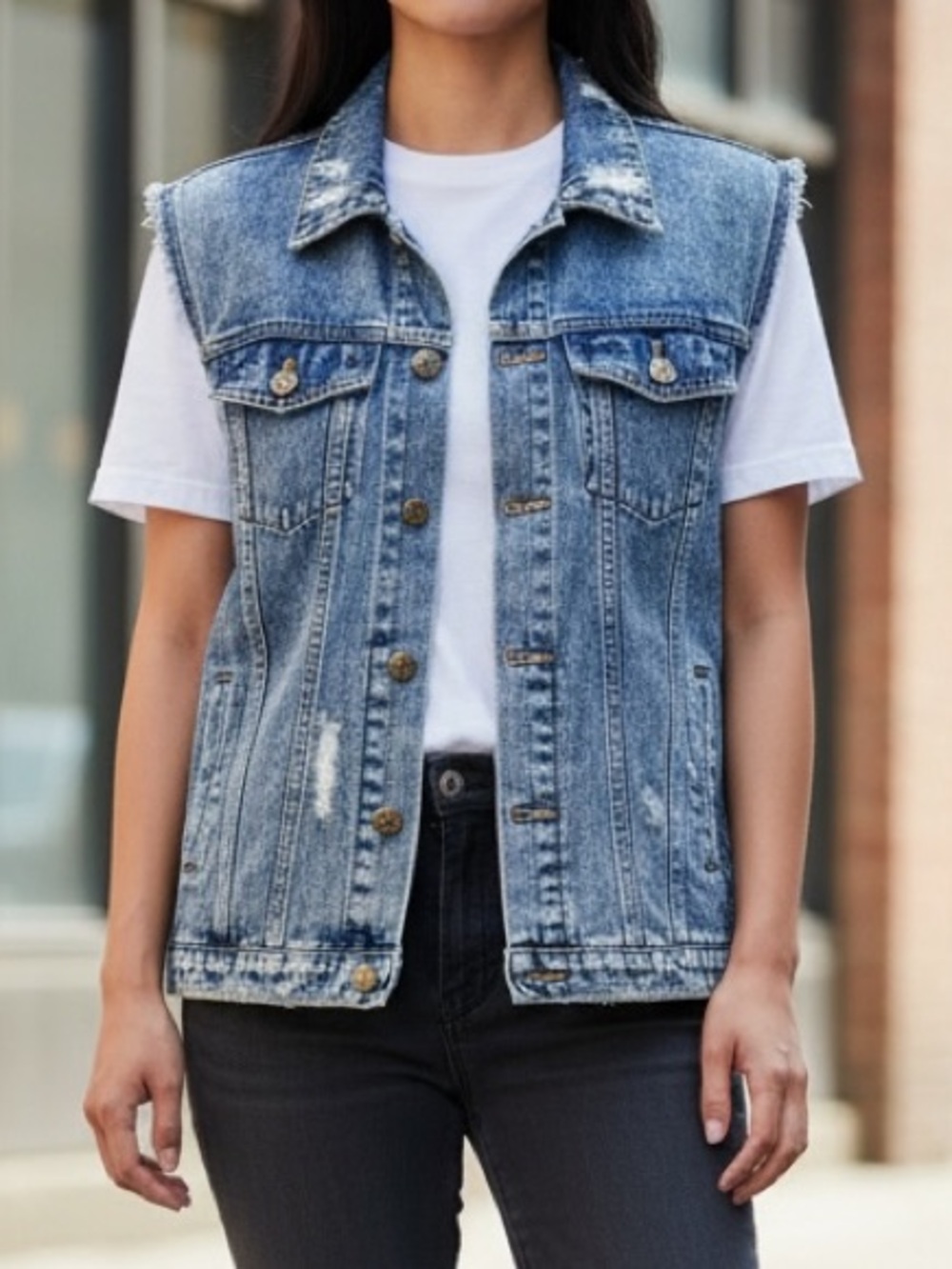 Anna Kaci Distressed Retro Long Light wash Denim Jean Sleeveless Vest Sz L